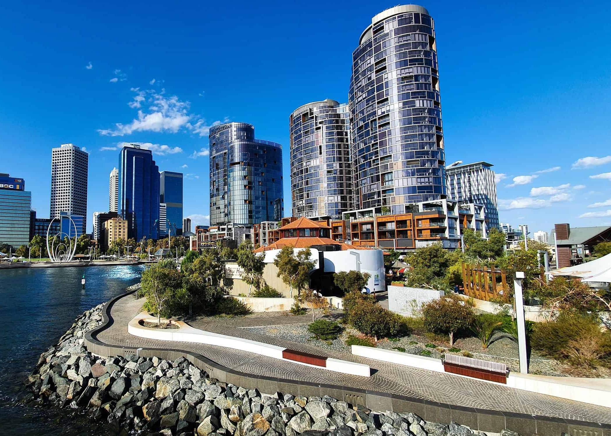 The Perth city skyline and Elizabeth Quay towers on the Swan River